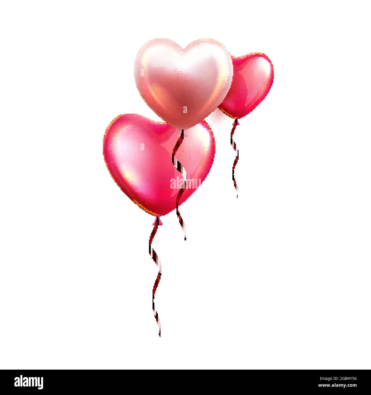Happy Birthday. Card with red pink realistic banner ribbon balloons in form  of heart isolated on white isolated background. Vector illustration EPS 10  Stock Vector