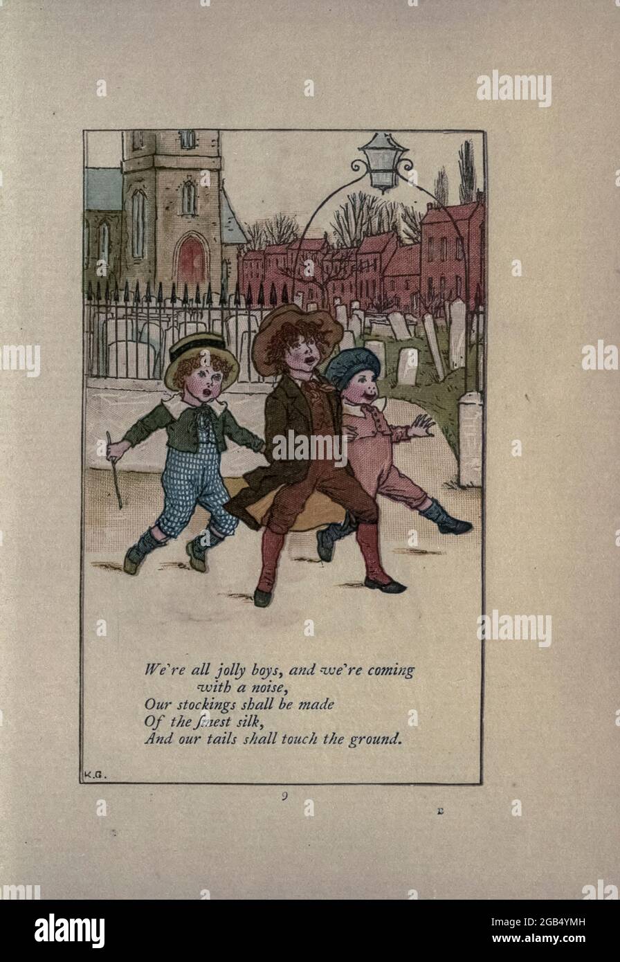 We’re all jolly boys, / and we’re coming with a noise, / Our stockings shall be made Of the finest silk, / And our tails shall touch the ground. // from the book Mother Goose : or, The old nursery rhymes by Kate Greenaway, Engraved and Printed by Edmund Evans published in 1881 by George Routledge and Sons London nad New York Stock Photo