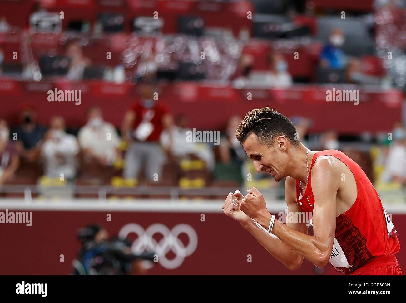 Tokyo, Japan. 2nd Aug, 2021. Soufiane El Bakkali of Morocco reacts after the men's 3000m steeplechase final at Tokyo 2020 Olympic Games, in Tokyo, Japan, Aug. 2, 2021. Credit: Wang Lili/Xinhua/Alamy Live News Stock Photo