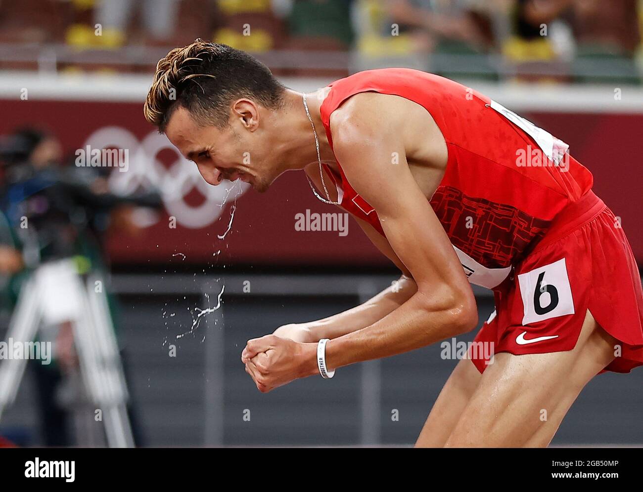 Tokyo, Japan. 2nd Aug, 2021. Soufiane El Bakkali of Morocco reacts after the men's 3000m steeplechase final at Tokyo 2020 Olympic Games, in Tokyo, Japan, Aug. 2, 2021. Credit: Wang Lili/Xinhua/Alamy Live News Stock Photo