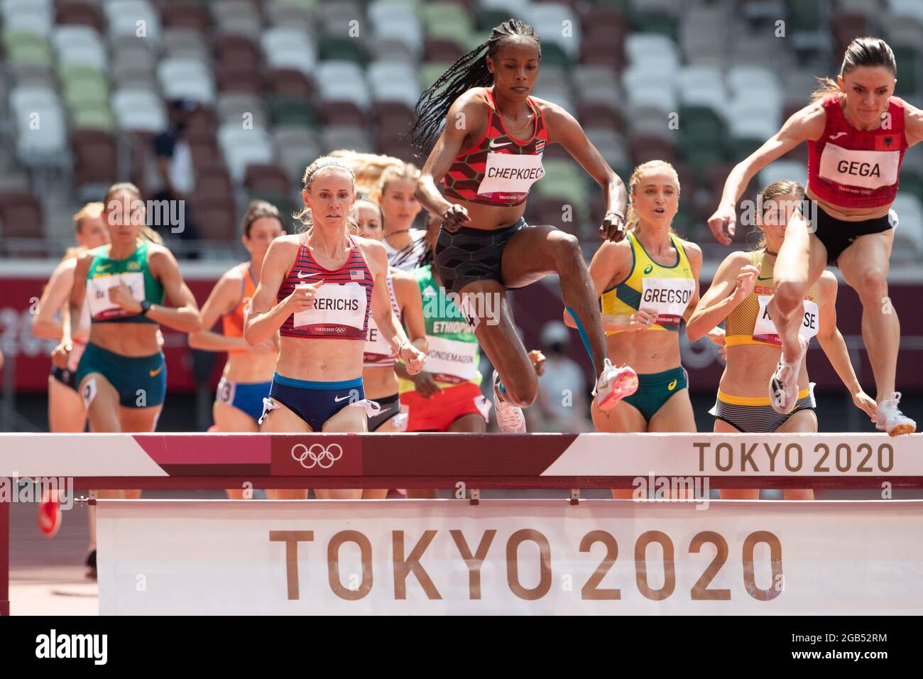 August 01, 2021: Beatrice Chepkoech (2752) of Kenya and Luiza Gega {1003) of Albania jump the barrier in the 3000m Steeplechase during Athletics competition at Olympic Stadium in Tokyo, Japan. Daniel Lea/CSM} Stock Photo