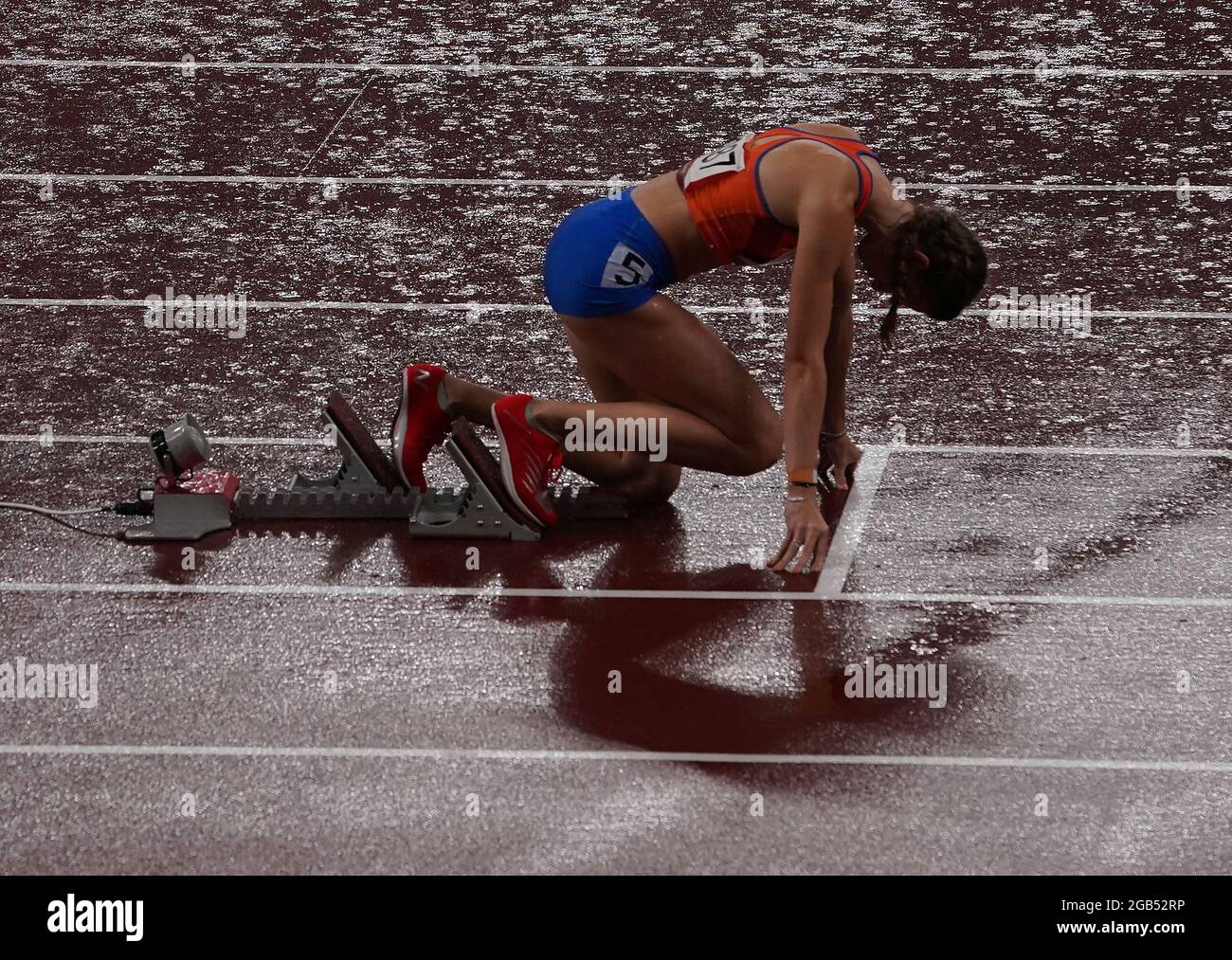 Tokyo, Japan. 2nd Aug, 2021. Femke Bol of the Netherlands competes in the rain during the Women's 400m Hurdles Semi-Final at the Tokyo 2020 Olympic Games in Tokyo, Japan, Aug. 2, 2021. Credit: Lui Siu Wai/Xinhua/Alamy Live News Stock Photo