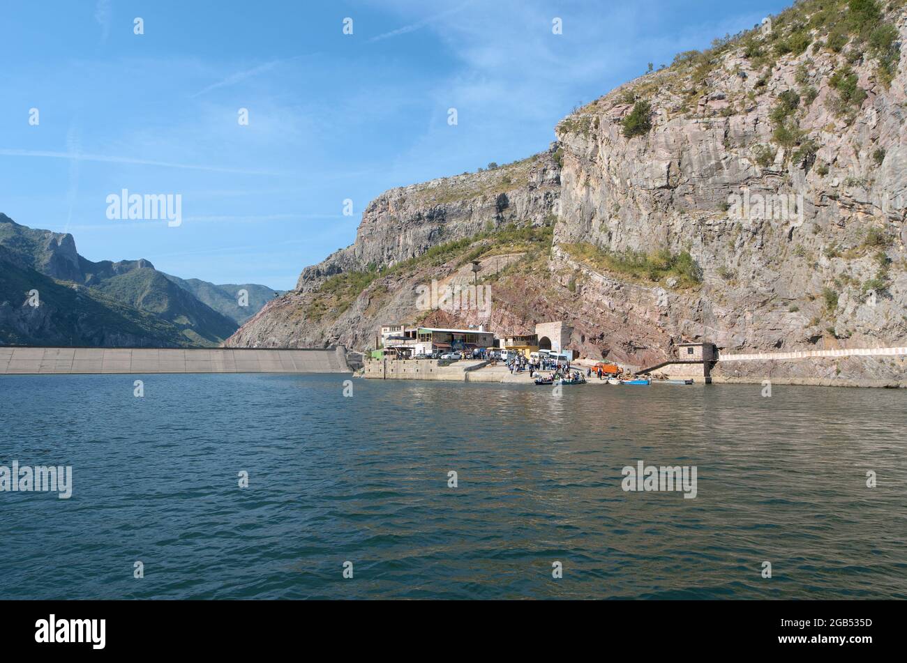 Koman Lake in the northern of Albania dam and terminal for the ferry boats started from Fierze Stock Photo