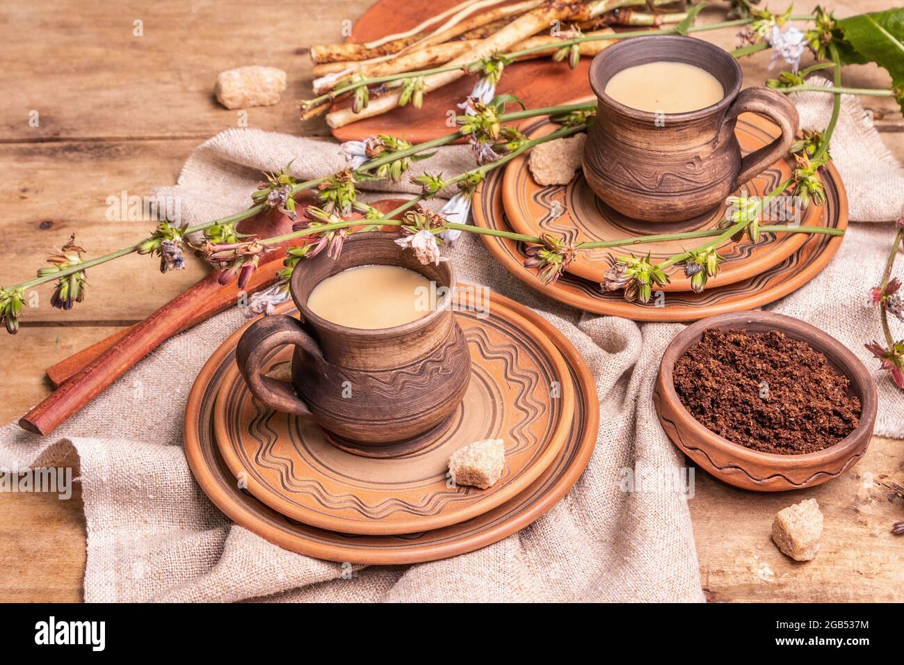 Hot natural chicory caffeine free drink in ceramic cups on a wooden table. Healthy  alternative replacement for coffee, caffeine. Blue chicory flowers Stock  Photo - Alamy