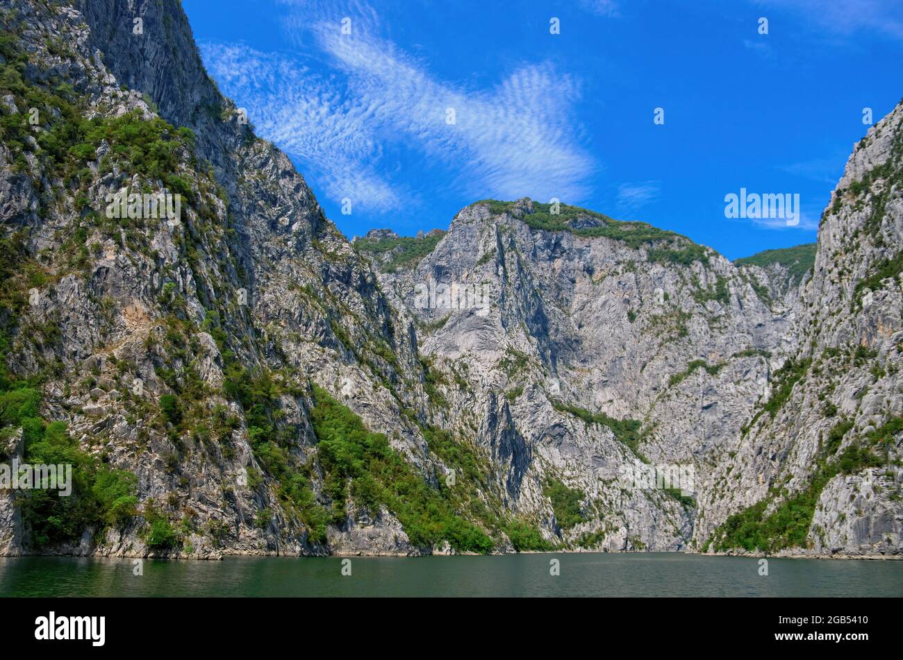 nature of Albania scenic view albanian mountains and Koman lake from ferry boat Stock Photo