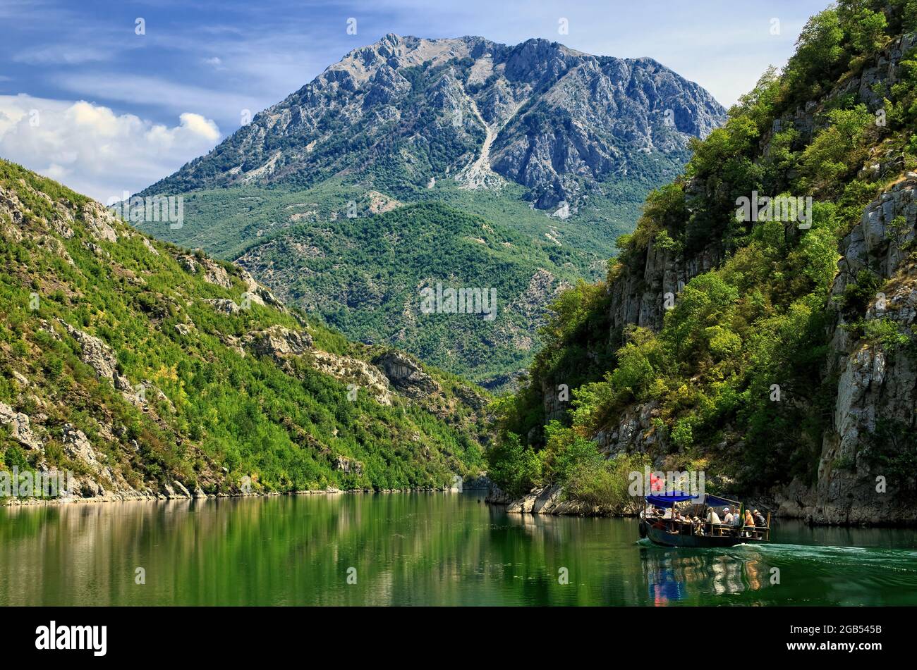 nature of Albania scenic view albanian mountains and Koman lake from ferry boat Stock Photo