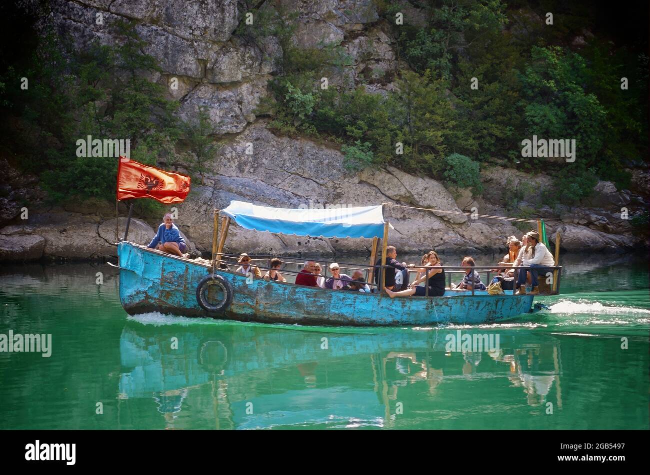 nature of Albania and outdoor tourism old tourist ferry boat on Koman Lake Stock Photo