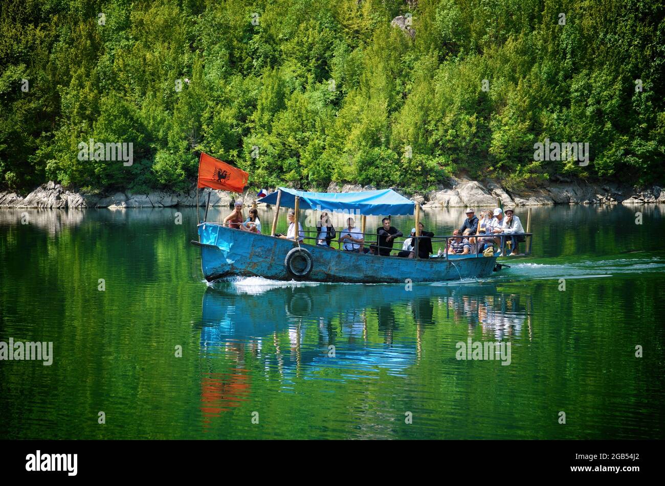 nature of Albania and outdoor tourism old tourist ferry boat on Koman Lake Stock Photo