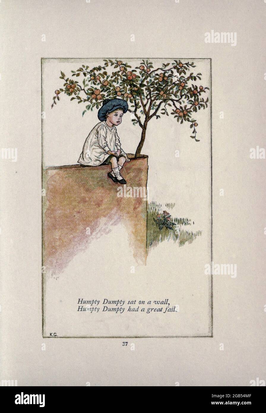 Humpty Dumpty sat on a wall, Humpty Dumpty had a great fall from the book Mother Goose : or, The old nursery rhymes by Kate Greenaway, Engraved and Printed by Edmund Evans published in 1881 by George Routledge and Sons London nad New York Stock Photo