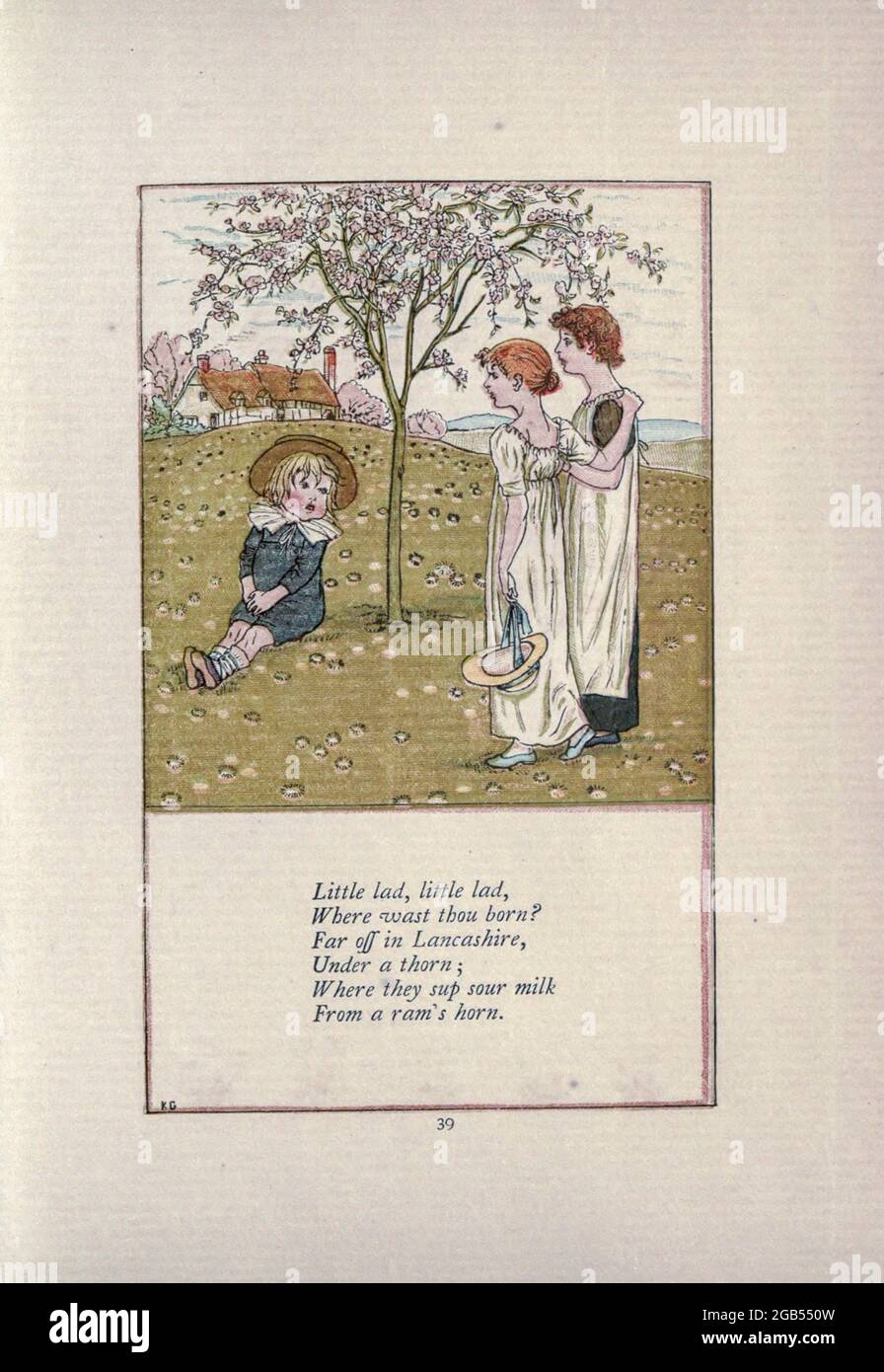 Little lad, little lad, Where wast thou born? Far off in Lancashire, Under a thorn ,- Where they sup sour milk From a ram’s horn. from the book Mother Goose : or, The old nursery rhymes by Kate Greenaway, Engraved and Printed by Edmund Evans published in 1881 by George Routledge and Sons London nad New York Stock Photo