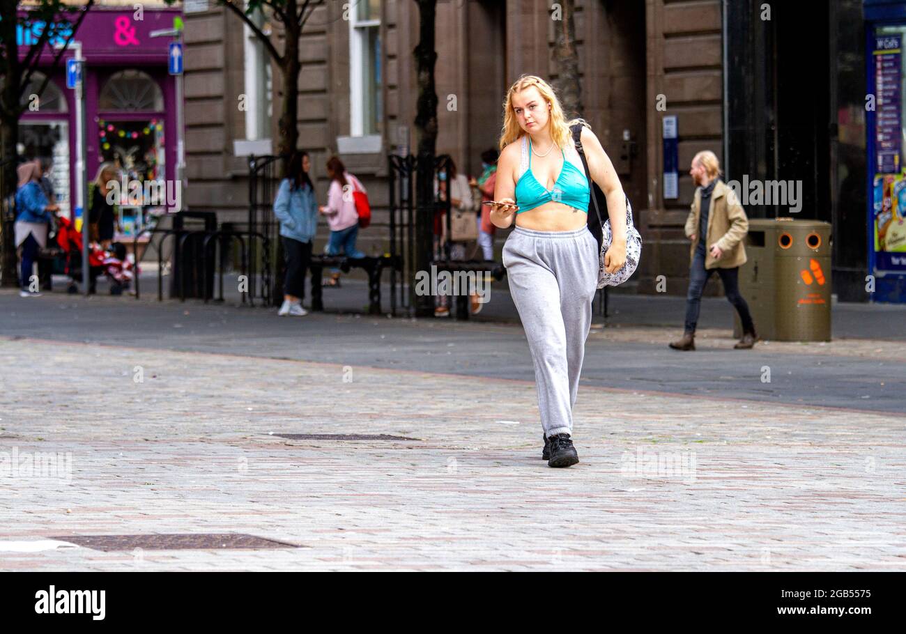 Dundee, Tayside, Scotland, UK. 2nd Aug, 2021. UK Weather: A cool windy day with occasional sunny spells across North East Scotland with temperatures reaching 14°C. Bank Holiday Monday sees only a few people out in Dundee city centre socialising whilst shopping. Credit: Dundee Photographics/17�Թ����� Live News Stock Photo