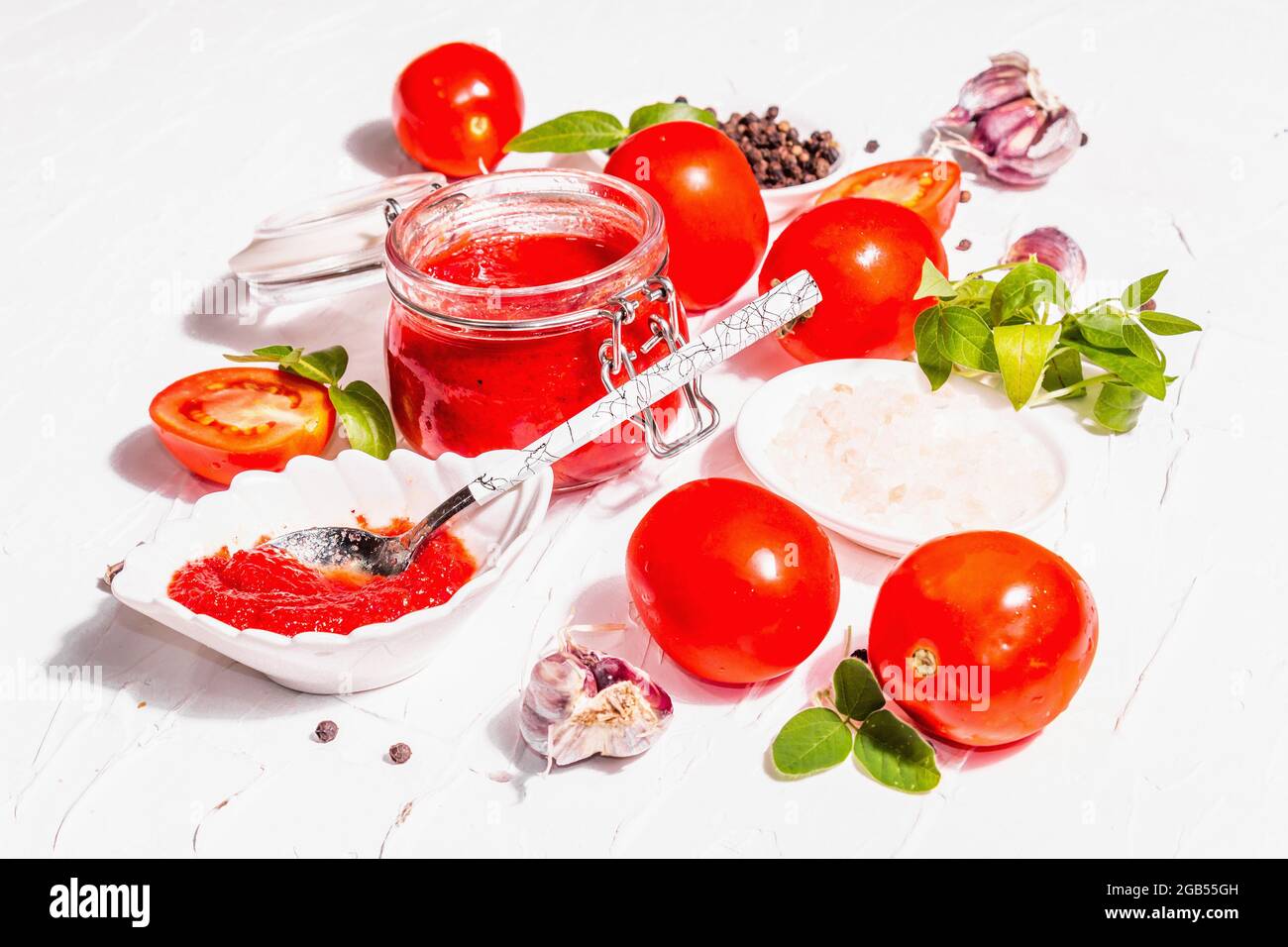 Tomato confiture, jam, chutney, sauce in a glass jar. Homemade