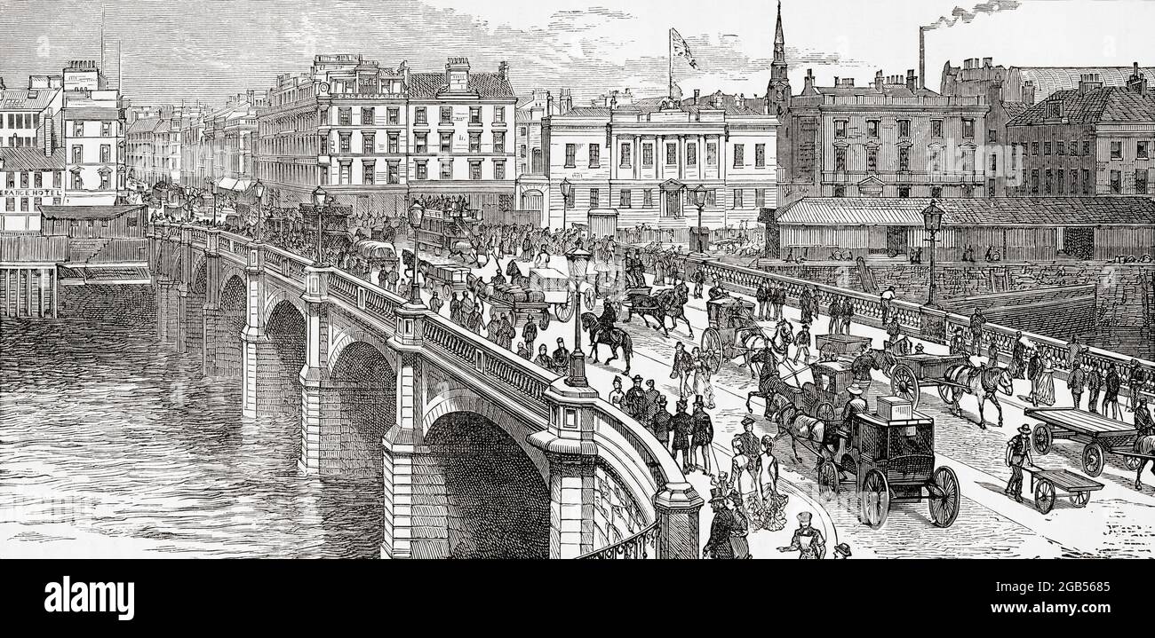 Glasgow Bridge, cossing the River Clyde, Glasgow, Scotland, seen here in the 19th century.  From Picturesque Scotland Its Romantic Scenes and Historical Associations, published c.1890. Stock Photo