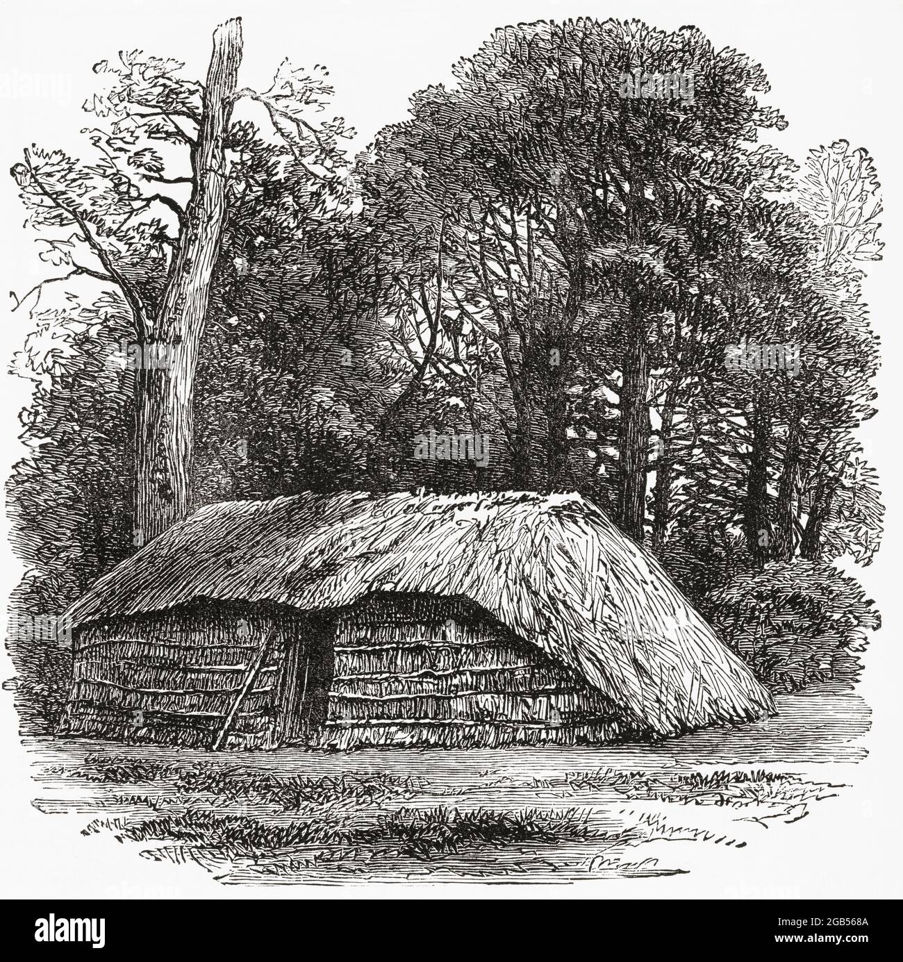The hut in which Sir David Livingstone died 1 May 1873, Ilala, southeast of Lake Bangweulu, in present-day Zambia, from malaria and internal bleeding due to dysentery.  David Livingstone, 1813 –1873.  Scottish physician, Congregationalist, pioneer Christian missionary with the London Missionary Society and an explorer in Africa.  From Picturesque Scotland Its Romantic Scenes and Historical Associations, published c.1890. Stock Photo