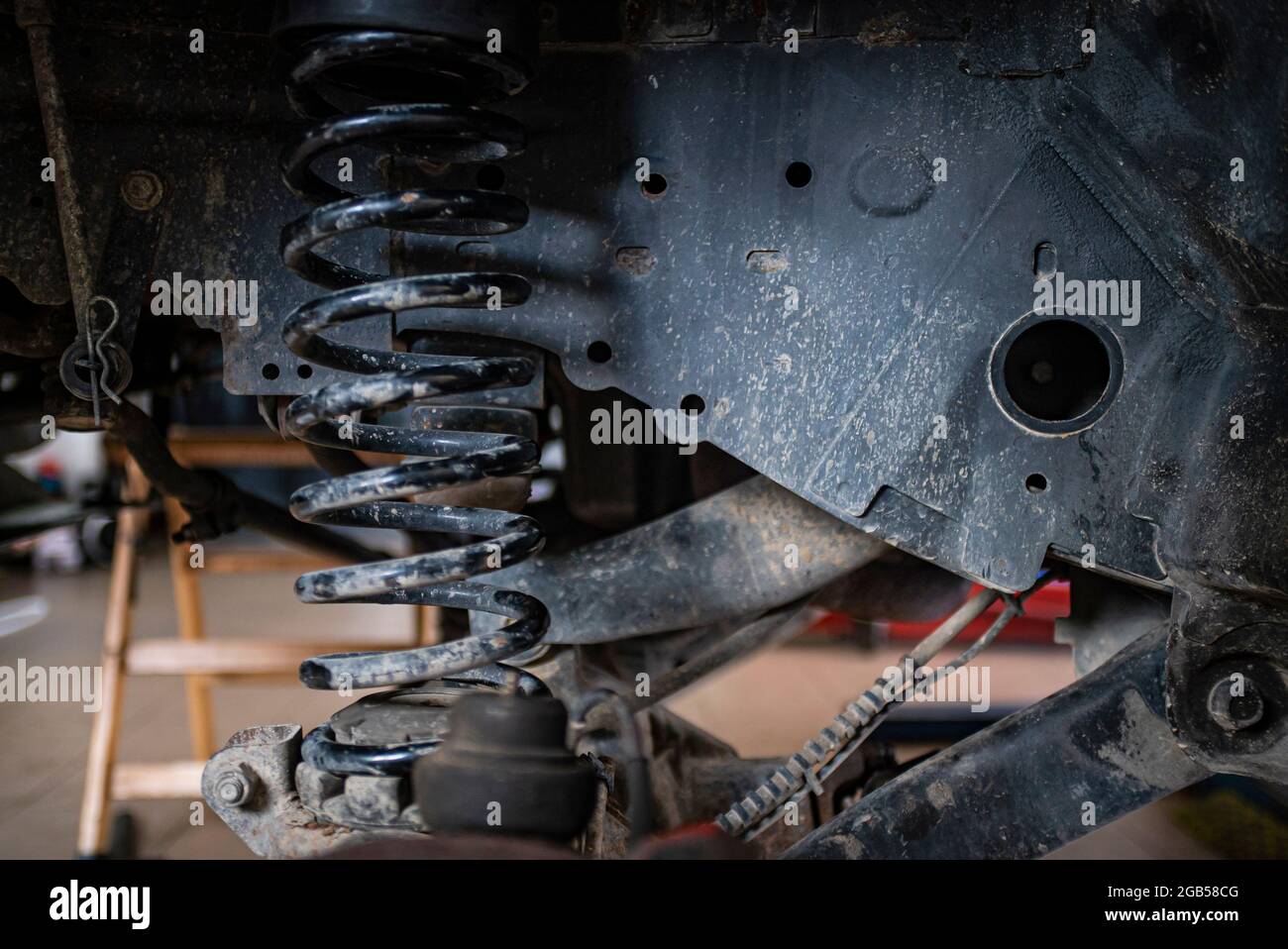 Suspension of the off road car ready for repair Stock Photo
