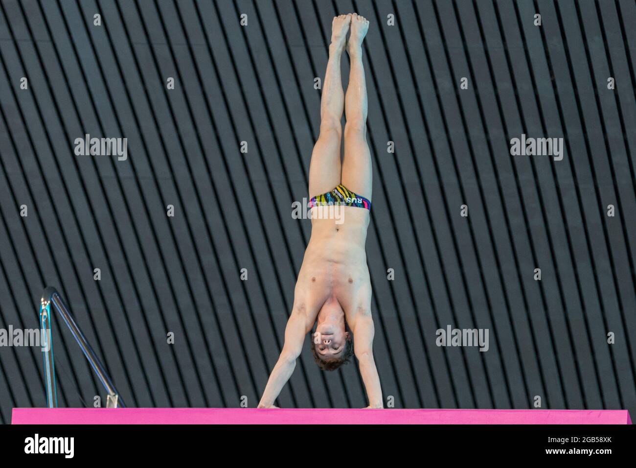 Russian diver Nikita Shleikher, armstand on the 10 m platform, European Diving Championships, 2016, London, UK Stock Photo