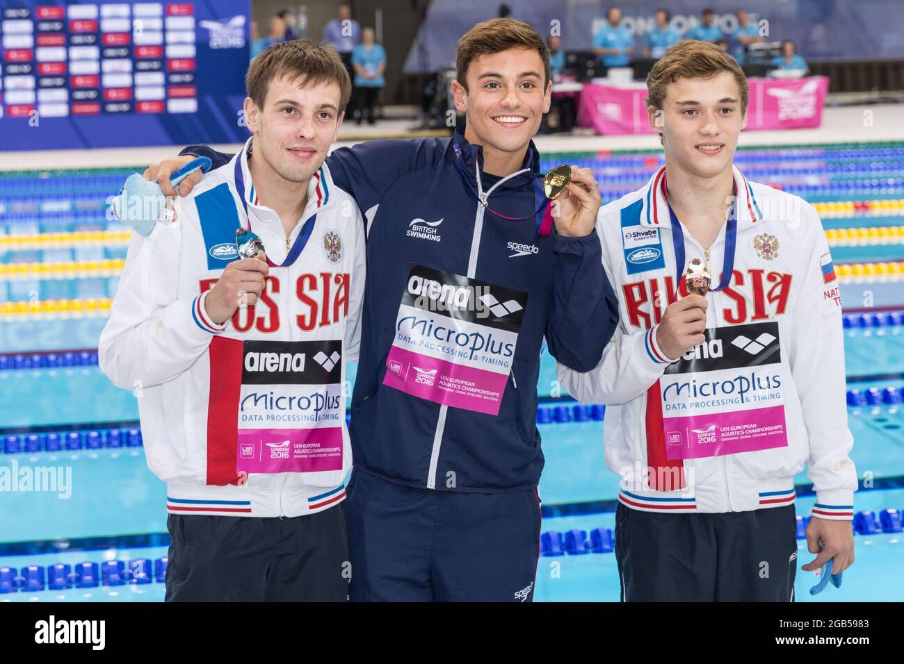 Divers Victor Minibaev, Russia, British diver Tom Daley, gold, Russian diver Nikita Shleikher, platform, European Diving Championships, London Stock Photo