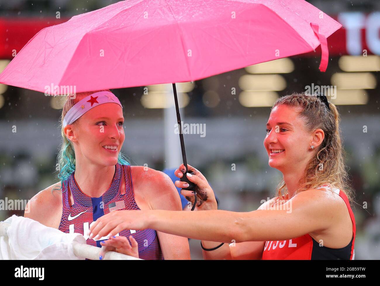 Tokyo, Japan. 2nd Aug, 2021. Andrina Hodel (R) of Switzerland holds an ...