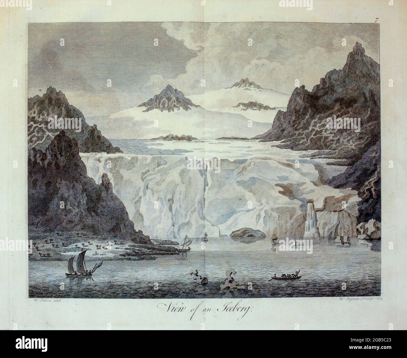 Iceberg illustration from the book '  A voyage towards the North Pole : undertaken by His Majesty's command, 1773 ' by Constantine John Phipps, Baron Mulgrave, 1744-1792; The 1773 Phipps expedition towards the North Pole was a British Royal Navy expedition in which two ships under the commands of Constantine John Phipps as Captain of the HMS Racehorse [an 18-gun ship-rigged sloop of the Royal Navy.] and Skeffington Lutwidge as Captain of the HMS Carcass [a bomb vessel of the Royal Navy], sailed towards the North Pole in the summer of 1773 and became stuck in ice near Svalbard. A young Horatio Stock Photo