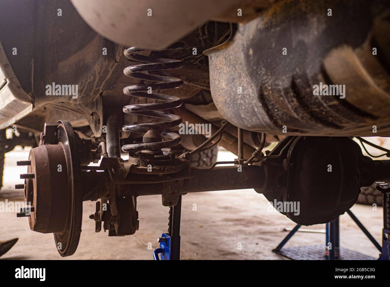 Suspension of the off road car ready for repair Stock Photo