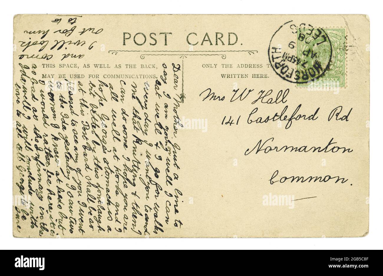 Reverse of Original Edwardian RPPC (Real photographic postcard)  with stamp and postmark, posted April 1908 Horsforth, Leeds, U.K. Stock Photo