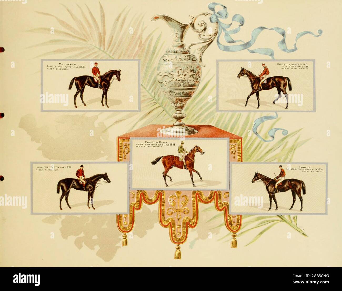 Horse racing trading cards from the ' Album of celebrated American and English running horses ' by Kinney Bros Published in New Your in 1888 By Kinney Brothers to advance the sales of their cigarette brands. The Kinney Tobacco Company was an American cigarette manufacturing firm that created the Sweet Caporal cigarette brand and promoted it with collectible trading cards. Being a leading cigarette manufacturer of the 1870-1880s, it merged in 1890 into the American Tobacco Company. Stock Photo