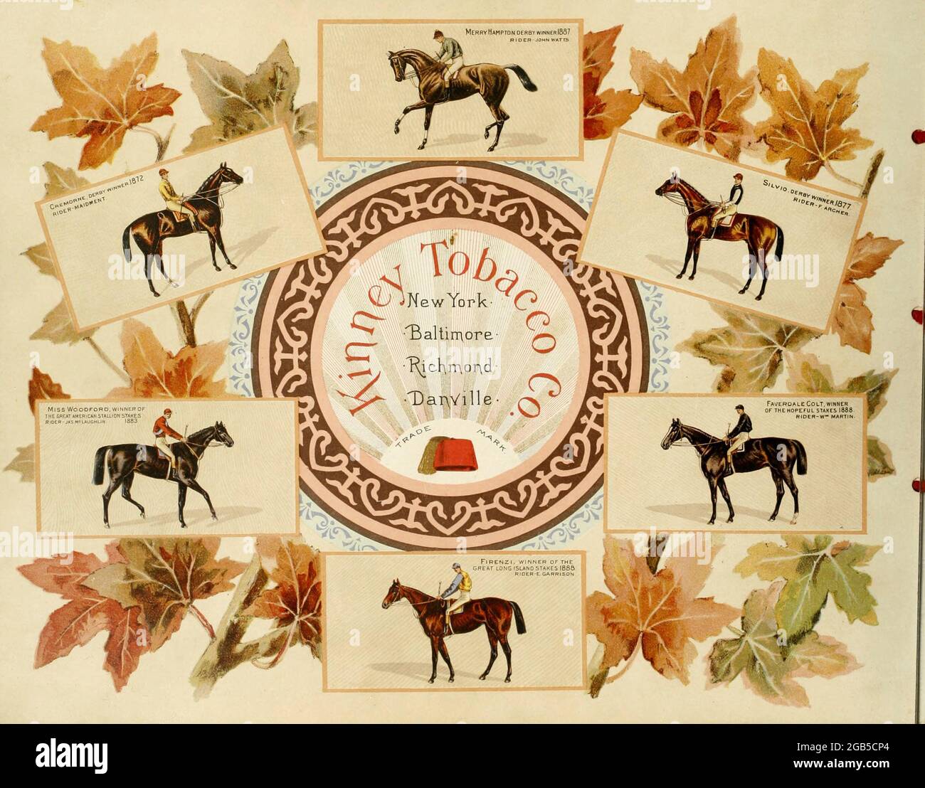 Horse racing trading cards from the ' Album of celebrated American and English running horses ' by Kinney Bros Published in New Your in 1888 By Kinney Brothers to advance the sales of their cigarette brands. The Kinney Tobacco Company was an American cigarette manufacturing firm that created the Sweet Caporal cigarette brand and promoted it with collectible trading cards. Being a leading cigarette manufacturer of the 1870-1880s, it merged in 1890 into the American Tobacco Company. Stock Photo