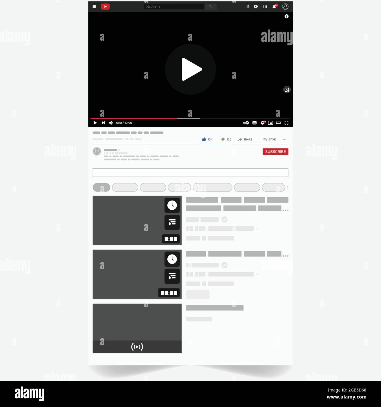 Video website interface vector design, online video playback and video tutorial, youtube video playback screen Stock Vector
