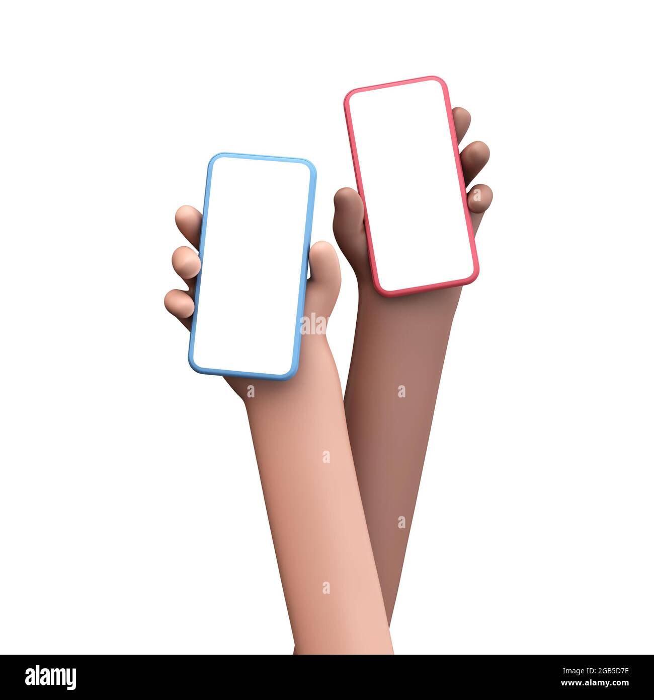 Two cartoon hands holding smartphones with a blank screen. 3D Rendering ...