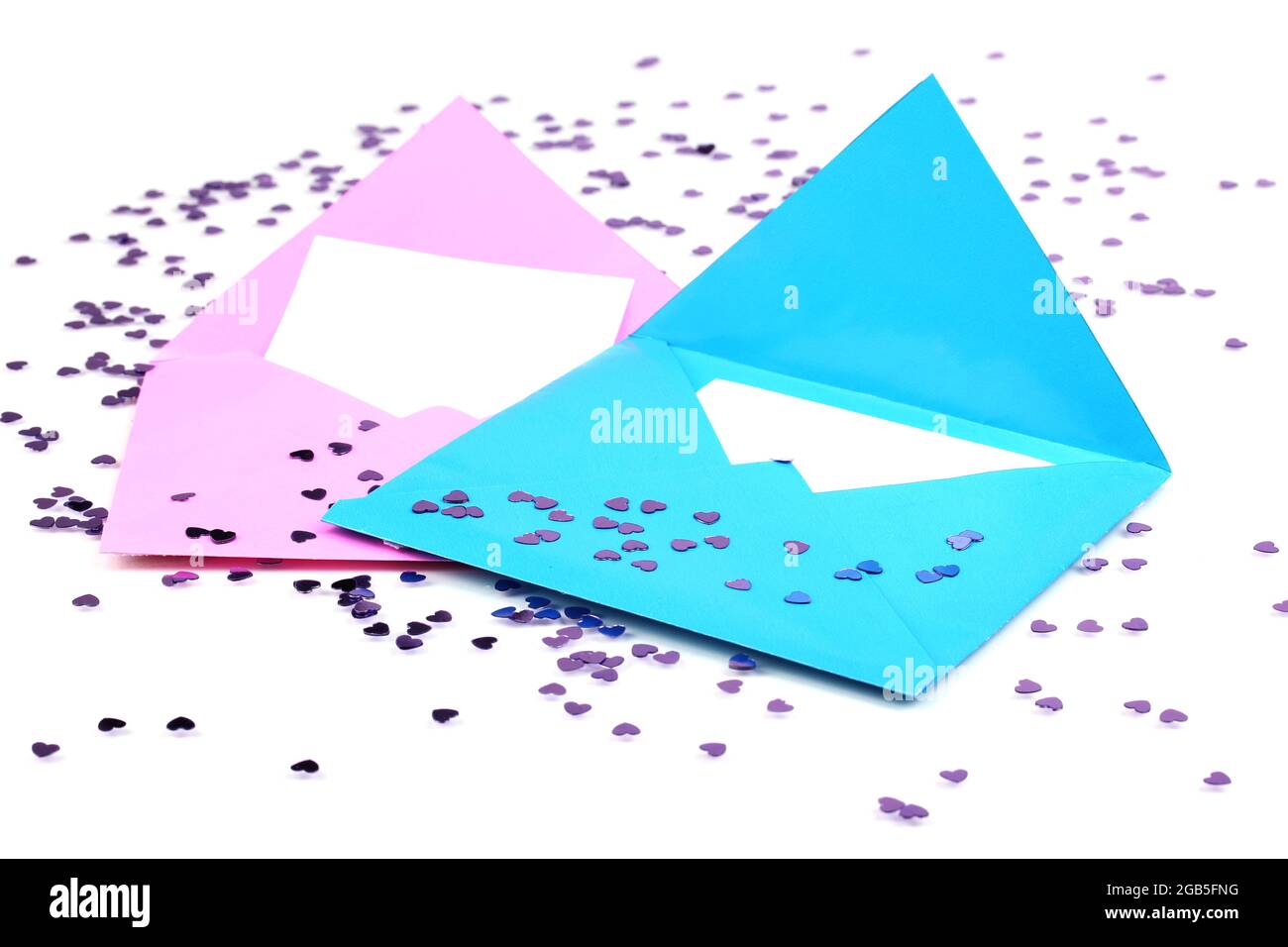 Color envelopes and confetti isolated on white Stock Photo Alamy