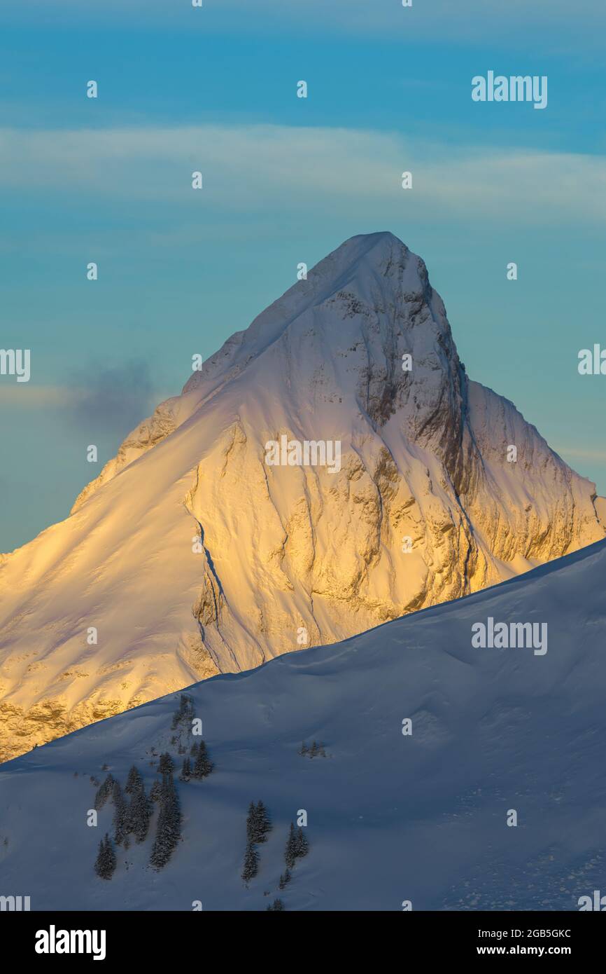 geography / travel, Switzerland, Sunset light over Dent de Follieran (2340m) in winter, ADDITIONAL-RIGHTS-CLEARANCE-INFO-NOT-AVAILABLE Stock Photo
