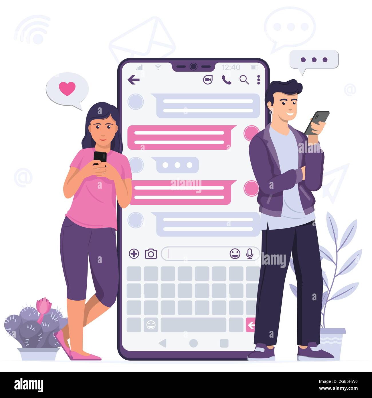 Vector design of girls and boy conversation on mobile, young people conversation with instant messaging application Stock Vector
