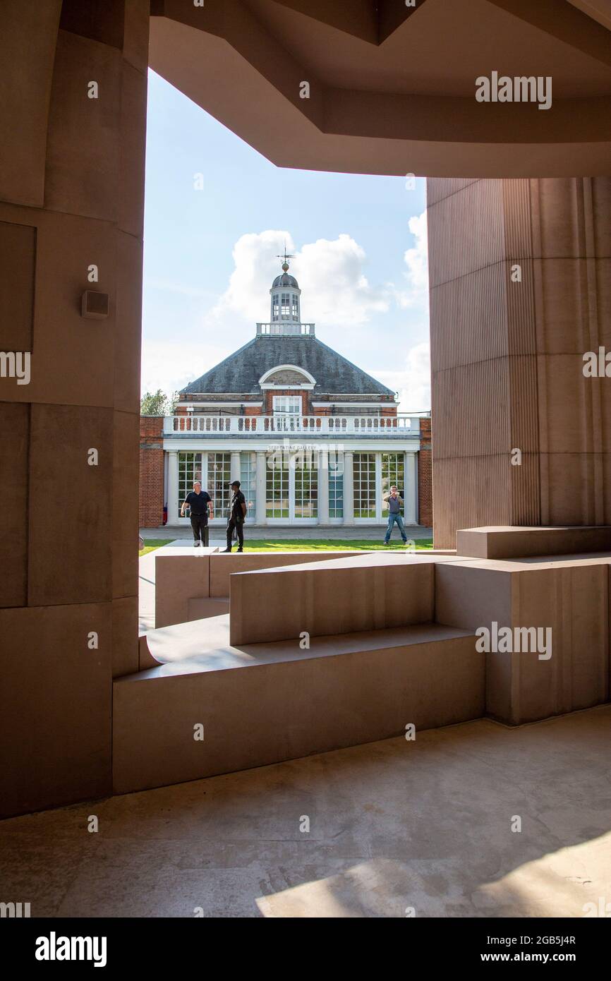 The Serpentine Gallery as seen from the Serpentine Pavillion 2021 designed by architectural studio Counterspace, London, UK Stock Photo