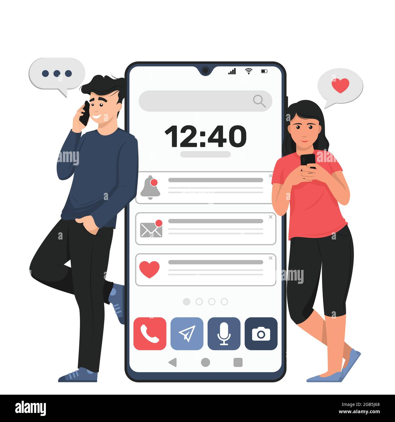 Vector design of girls and boy conversation on mobile, young people conversation with instant messaging application Stock Vector