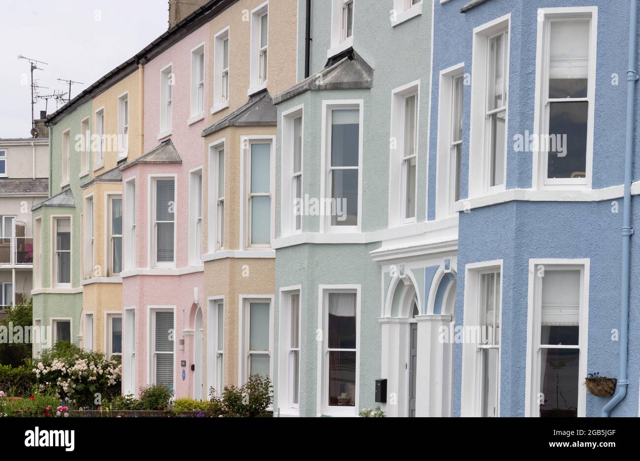 Colourful Victorian terraced houses on the coast in Beaumaris, Anglesey