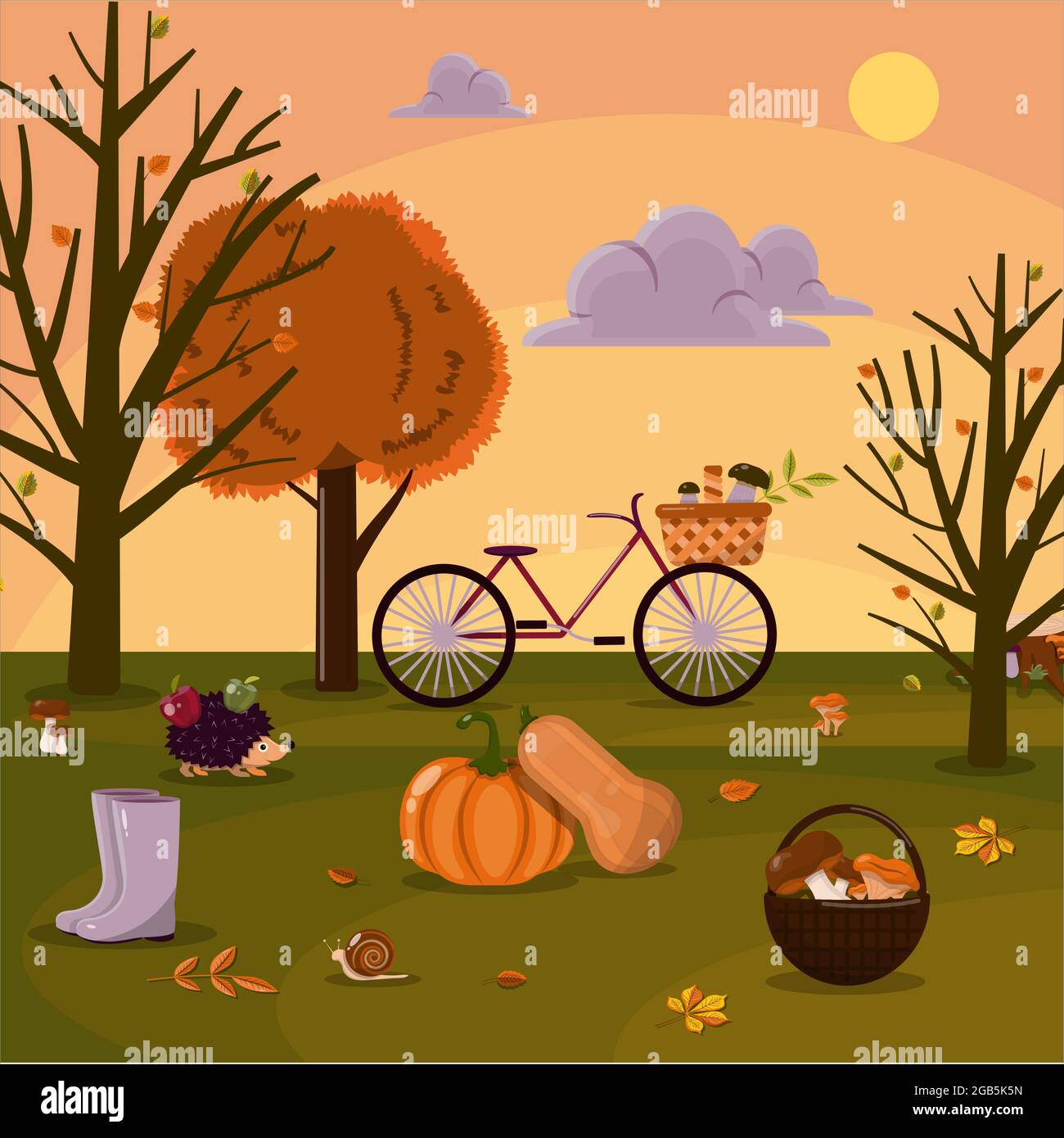 Vector illustration of an autumn park. Forest with mushrooms and animals. Mushroom picking and harvesting Stock Vector