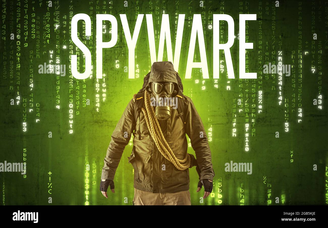 Faceless hacker with inscription Stock Photo