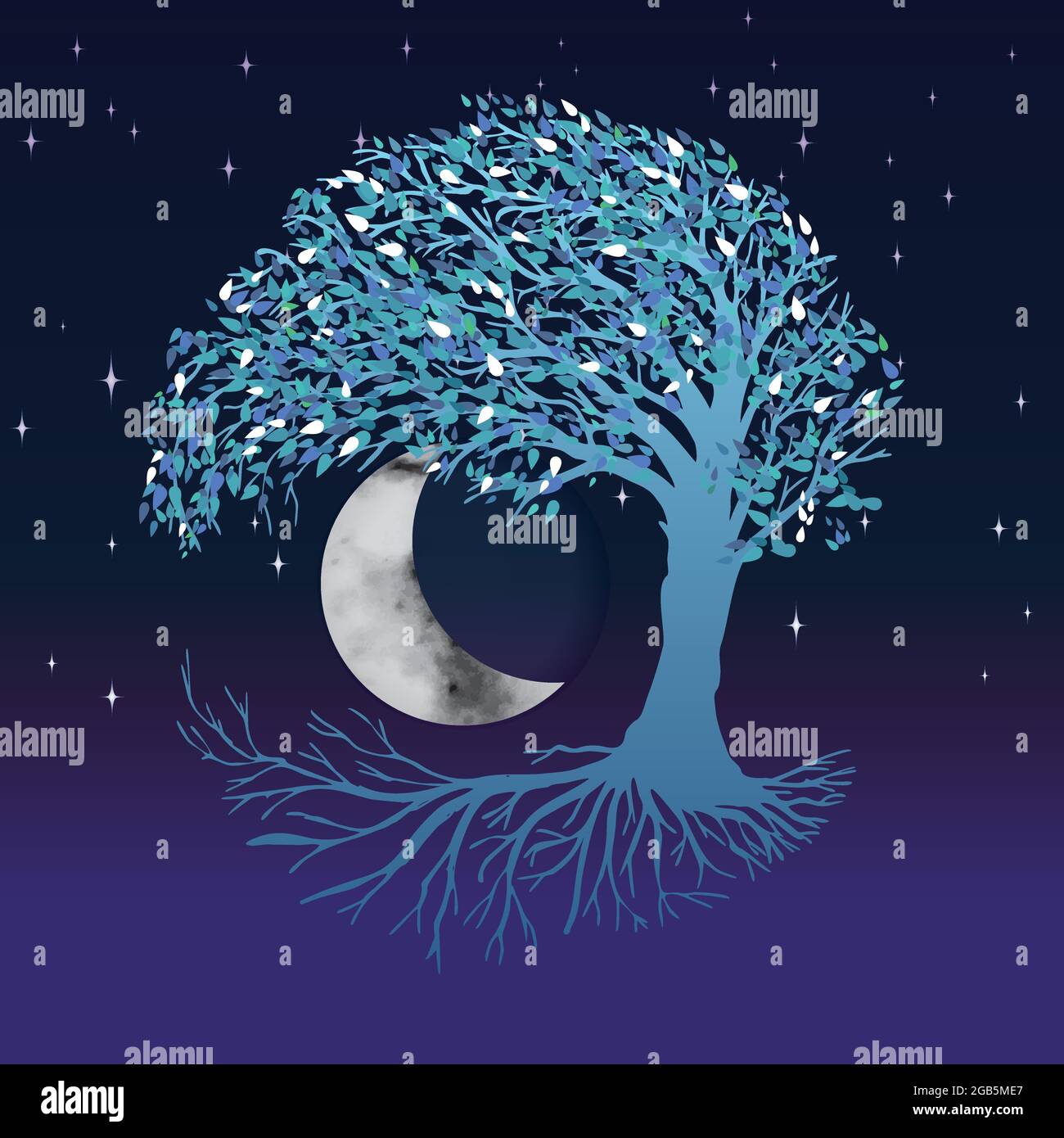 A blue tree of life or yggdrasil in a night sky. The big moon is visible. The tree is in blue tints. Stock Vector
