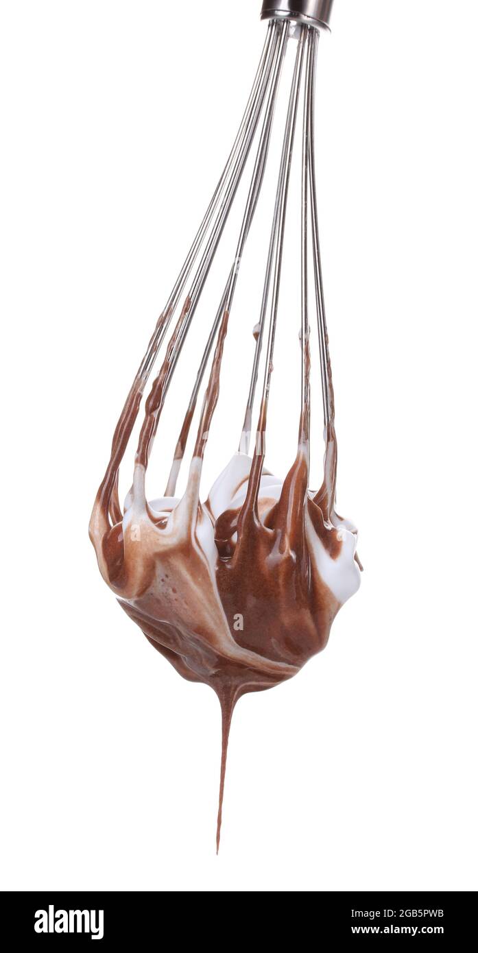 Metal whisk for whipping eggs with chocolate cream isolated on white