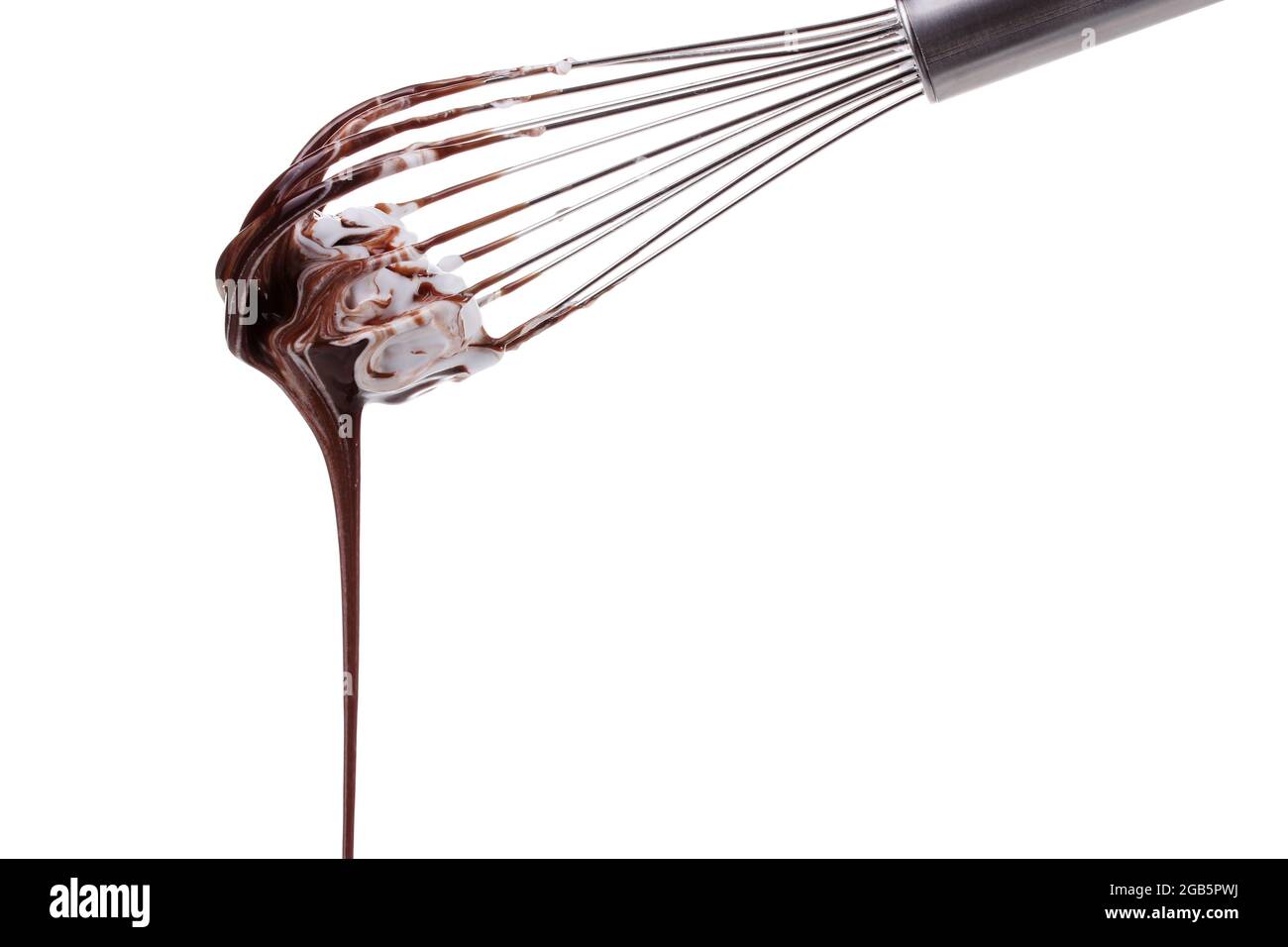 Metal whisk for whipping eggs with chocolate cream isolated on white