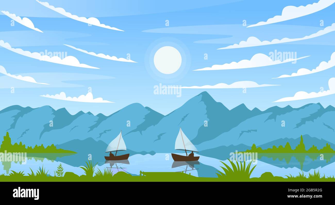 Mountain summer sunny landscape with fisherman boats vector illustration. Cartoon summertime morning calm scene with fishing sailboat on river or lake, sun in blue sky, countryside scenery background Stock Vector