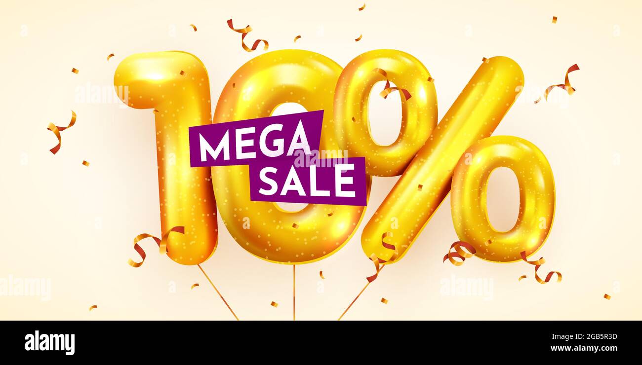 10 percent Off. Discount creative composition of golden balloons. 3d