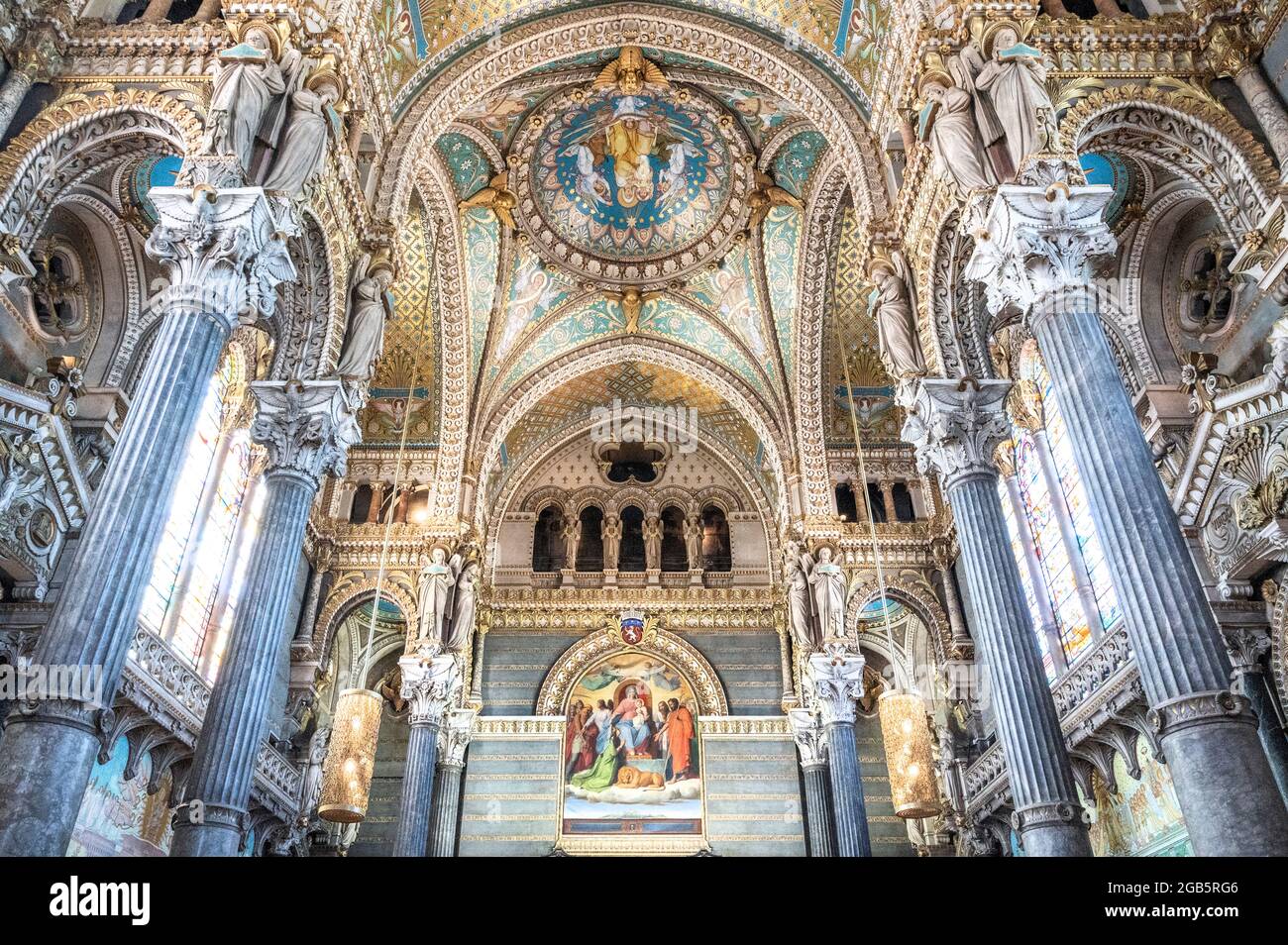 Inside the basilica of Notre-Dame de Fourvière, Lyon. Stock Photo