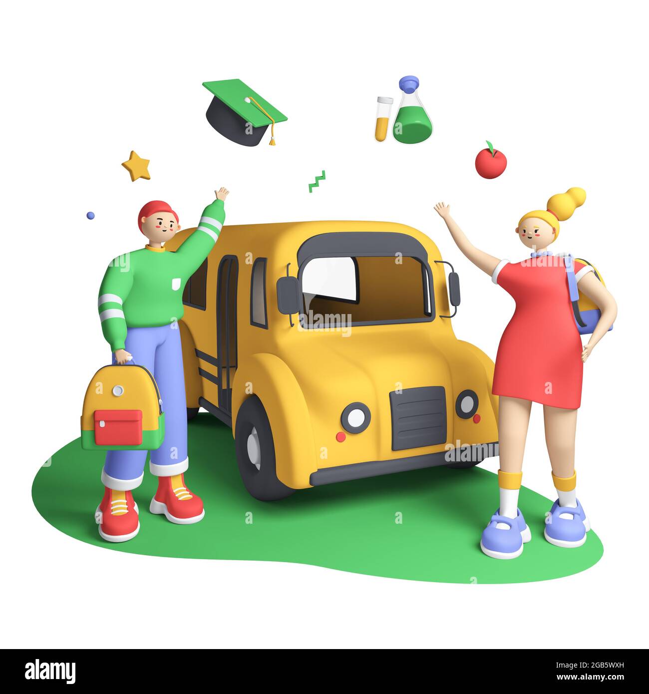 Meeting at the school bus - colorful 3D style illustration. Boy and girl students or pupils greet each other. Start of classes and new educational yea Stock Photo