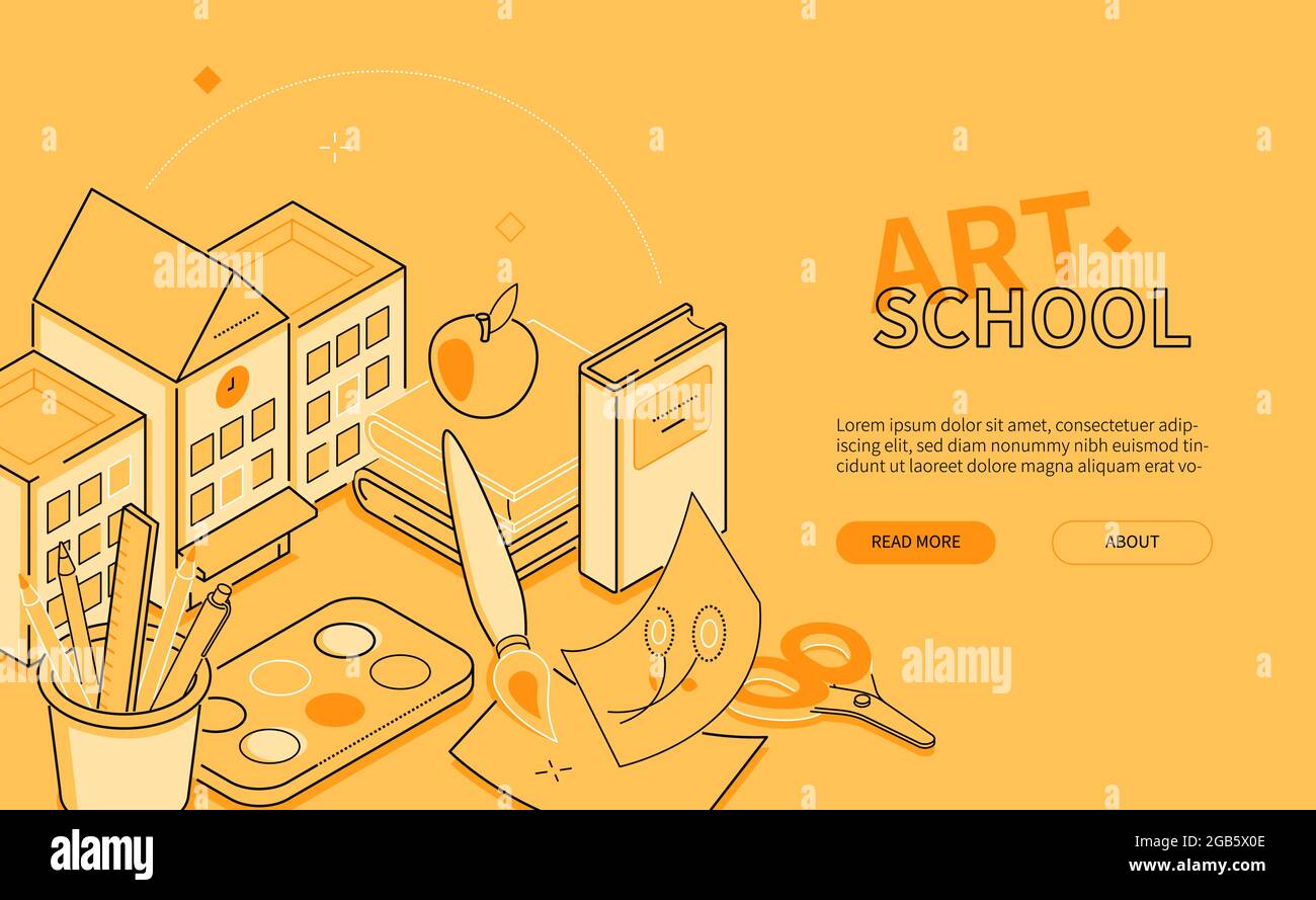 Art school - line design style isometric web banner on orange ...