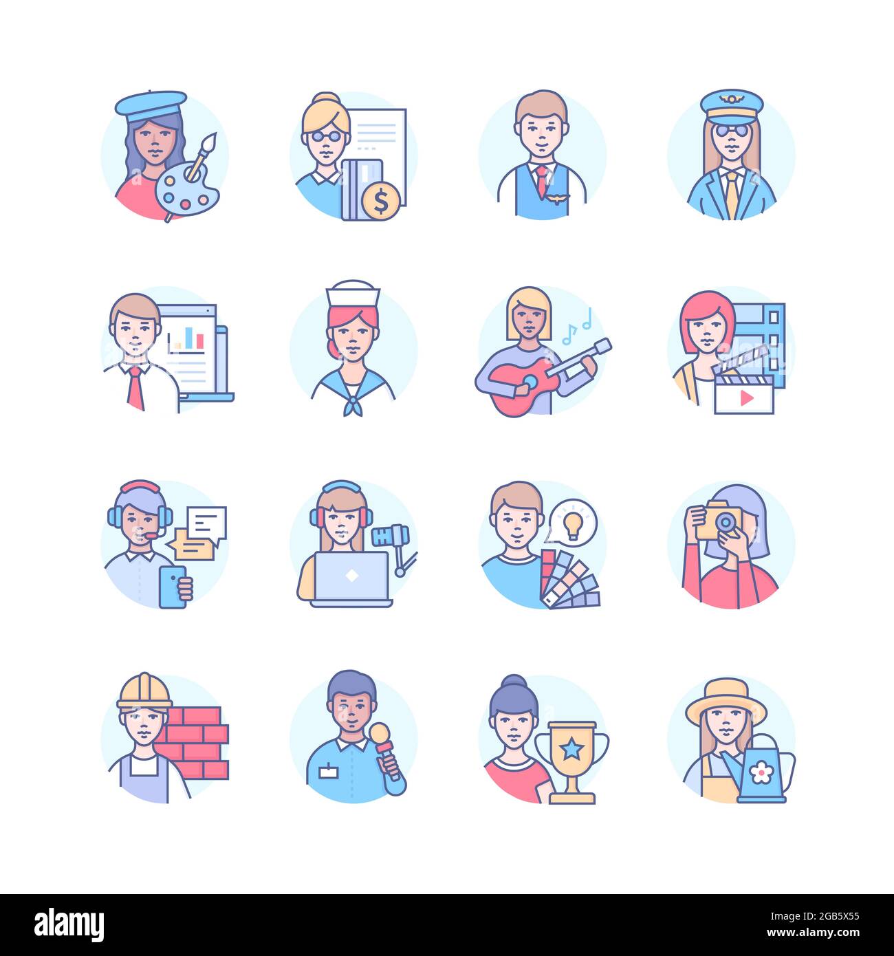 Profession - modern colorful line design style icons. Female and male workers. Rounded shape. Artist, pilot, musician, blogger, champion, call center Stock Vector