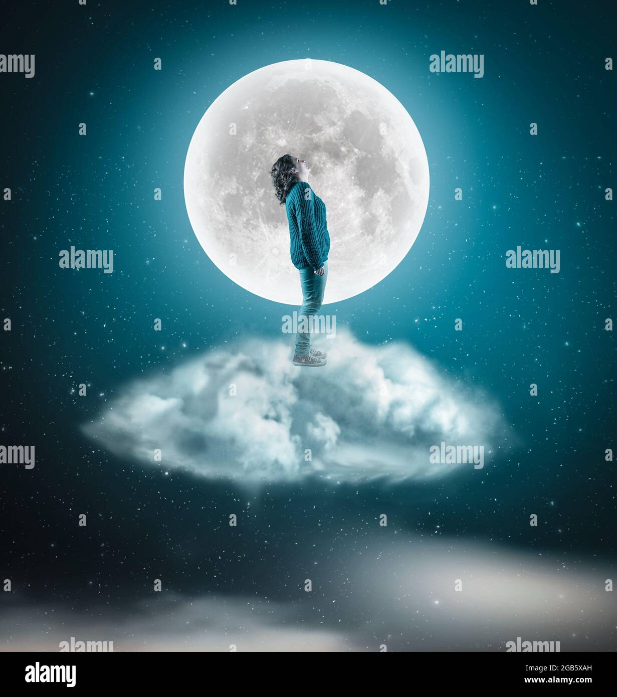 Woman stand on a cloud and admires the moon in the night Stock Photo - Alamy