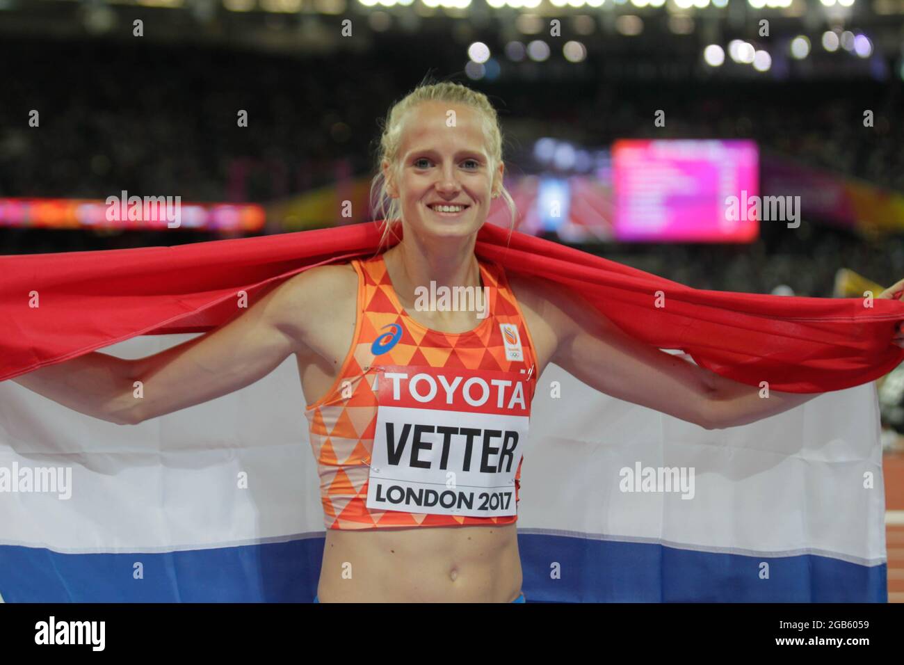 Anouk Vetter (Nederlandt) at the 800m Heptatlon Women of the IAAF World Championships in Athletics on August 6, 201st at the Olympic Stadium in London, Great Britain Stock Photo