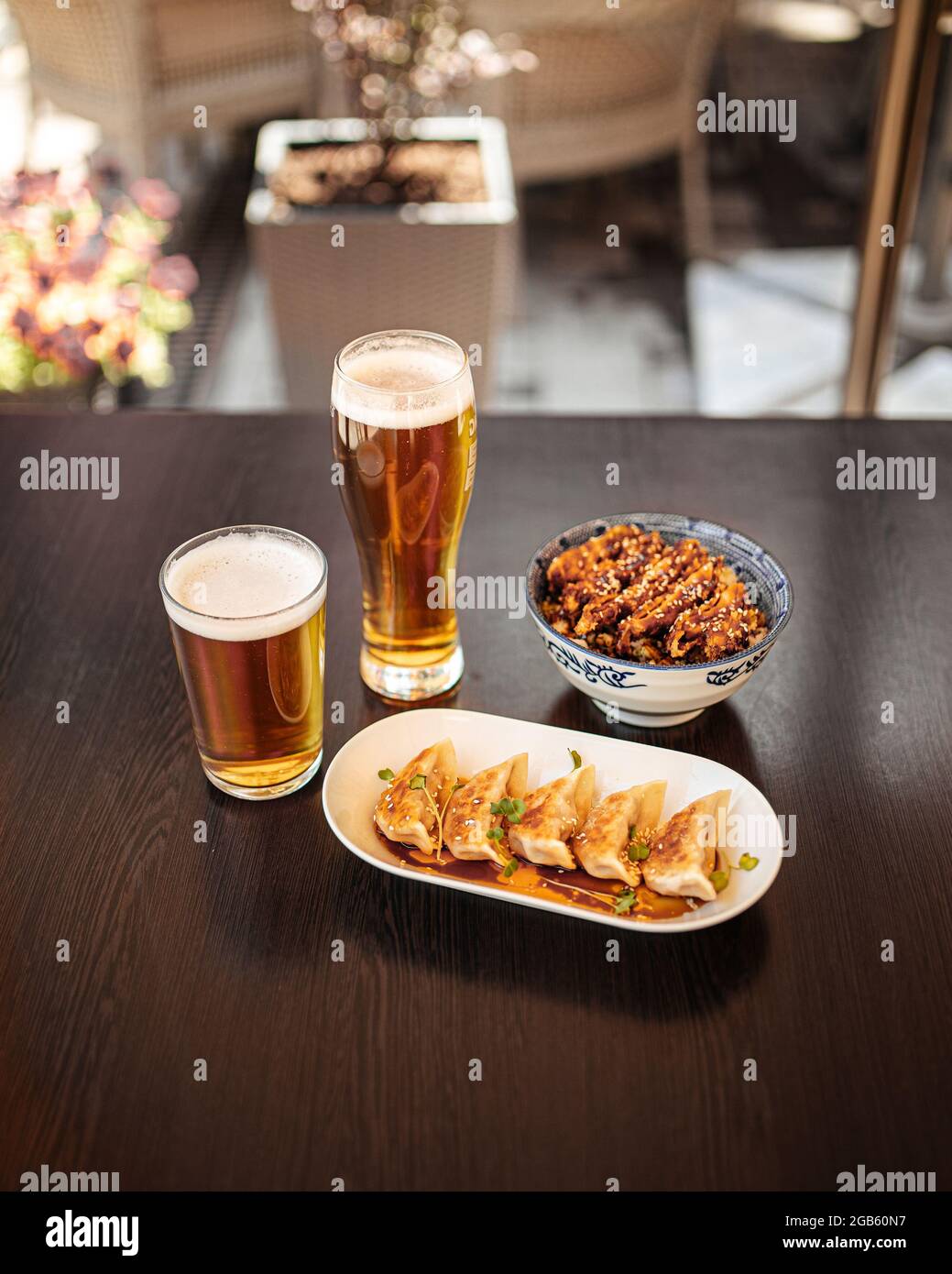 Japanese gedza and katsudon chicken rice with beer Stock Photo