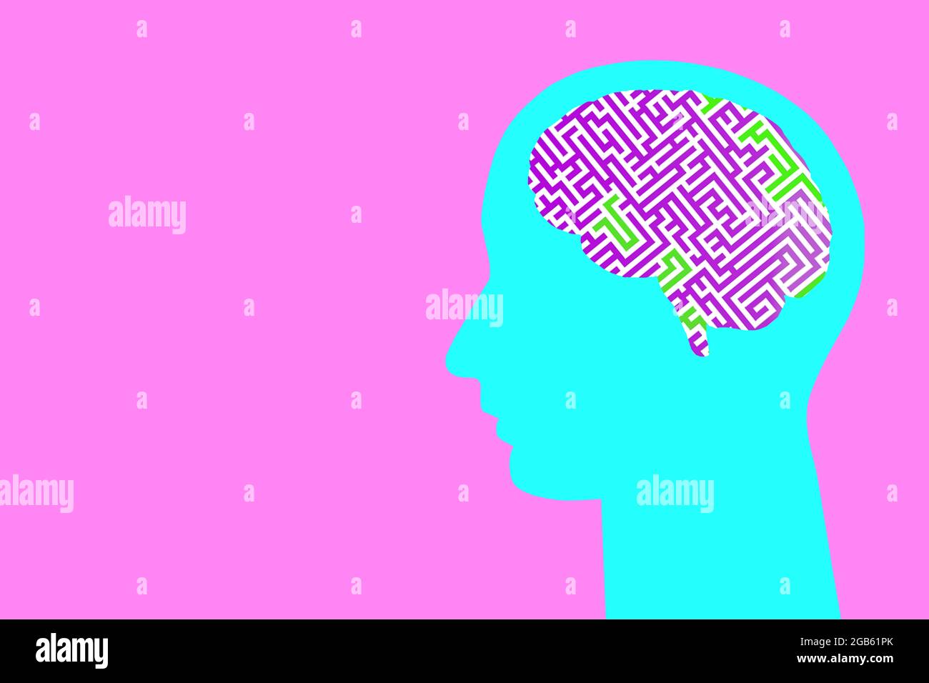 multicolored head on a colored background with a labyrinth in the brain Stock Photo